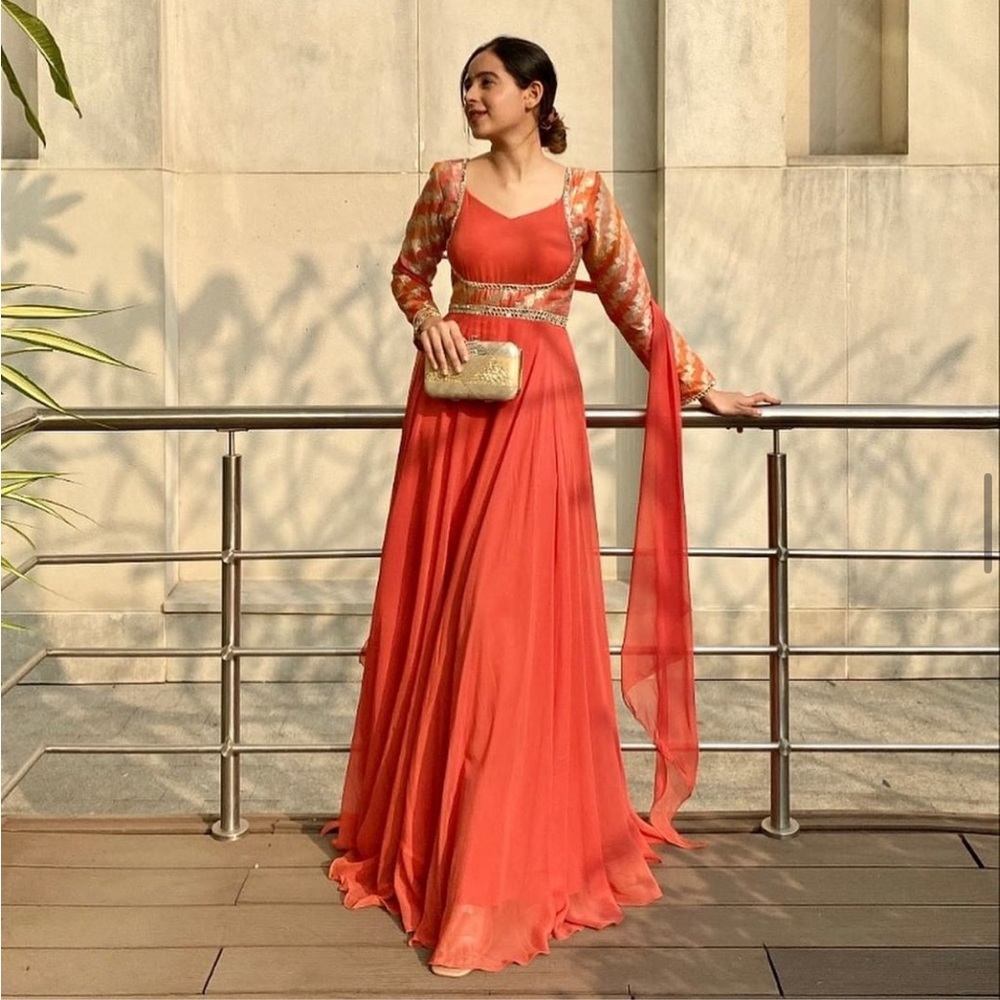 Rust Orange Anarkali With Multicolor Broacade Bod… - image 1